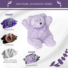Lou the Lavender Bear in microwave heat therapy setup for gentle warming and comfort.
