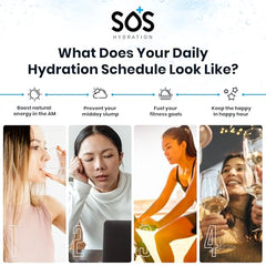 SOS Hydration glass with ice and lemon, refreshing serving.