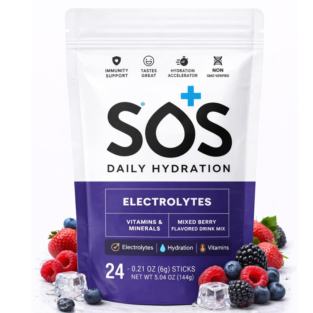 SOS Hydration mixed berry sachets pack for on-the-go hydration.