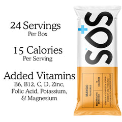 SOS Hydration mango label close-up showing keto-friendly formula.