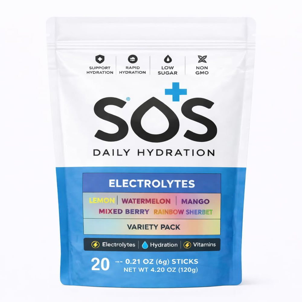 SOS Hydration stick packet closeup showing clean, low-sugar hydration on the go.