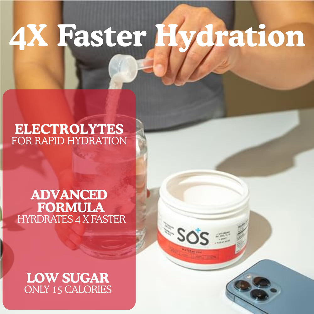 SOS Hydration Watermelon packaging box showing 31 servings
