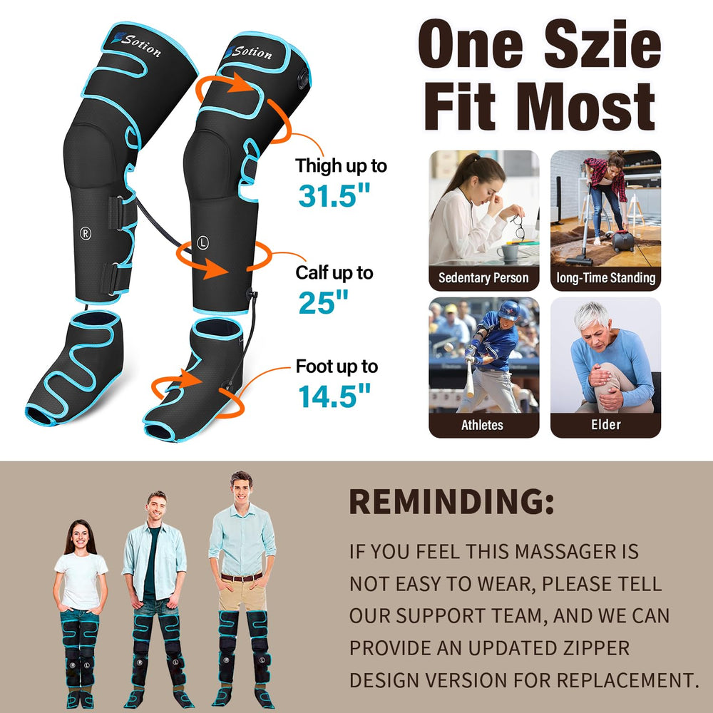 Sotion leg massager adjustable fit fits different calf and thigh sizes.