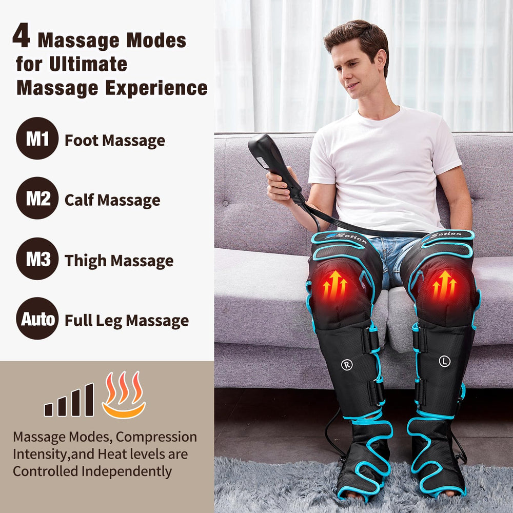 Sotion leg massager features knee heat for soothing warmth and circulation.