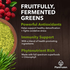 Fermented juice powder by SOTRU Fruitful Greens highlighting easy digestion support.