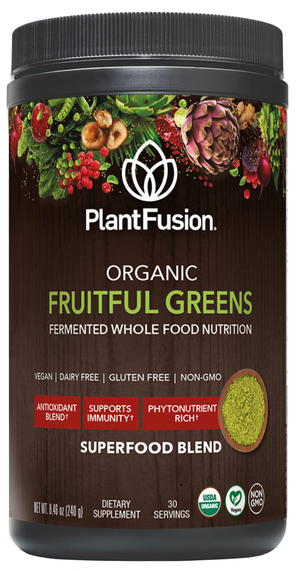 SOTRU Fruitful Greens powder tub for daily plant-based nutrition and convenience.