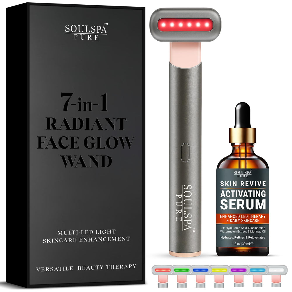 SOULSPA PURE 7-in-1 LED wand for face-neck-eye areas boosts radiant appearance.