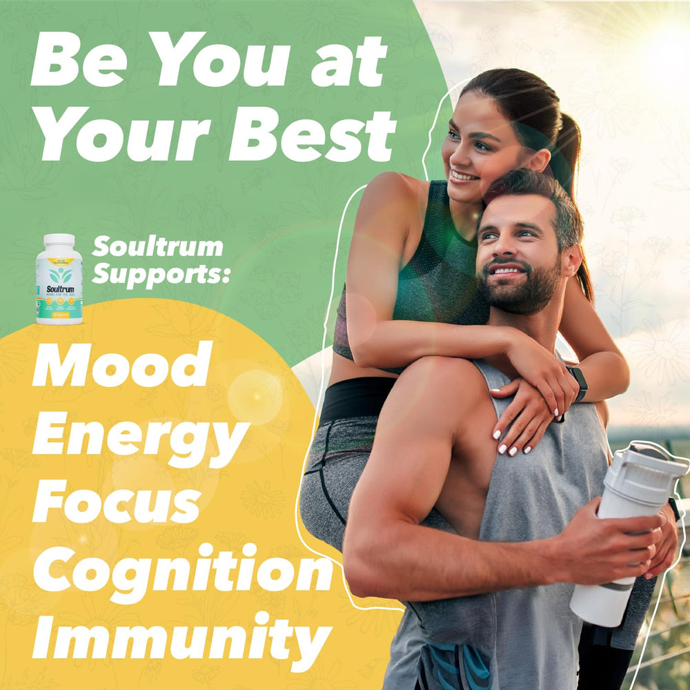 Soultrum Mood Support capsules poured into a spoon for quick dosing.