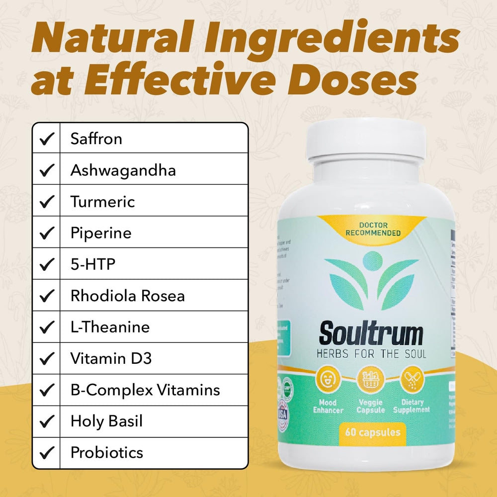 Soultrum Mood Support packaging on a kitchen counter for daily use.
