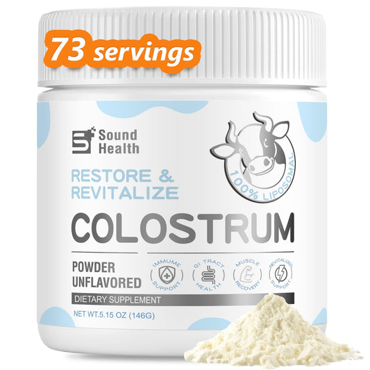 Sound Health Colostrum powder tub shown, a premium unflavored daily supplement for gut support