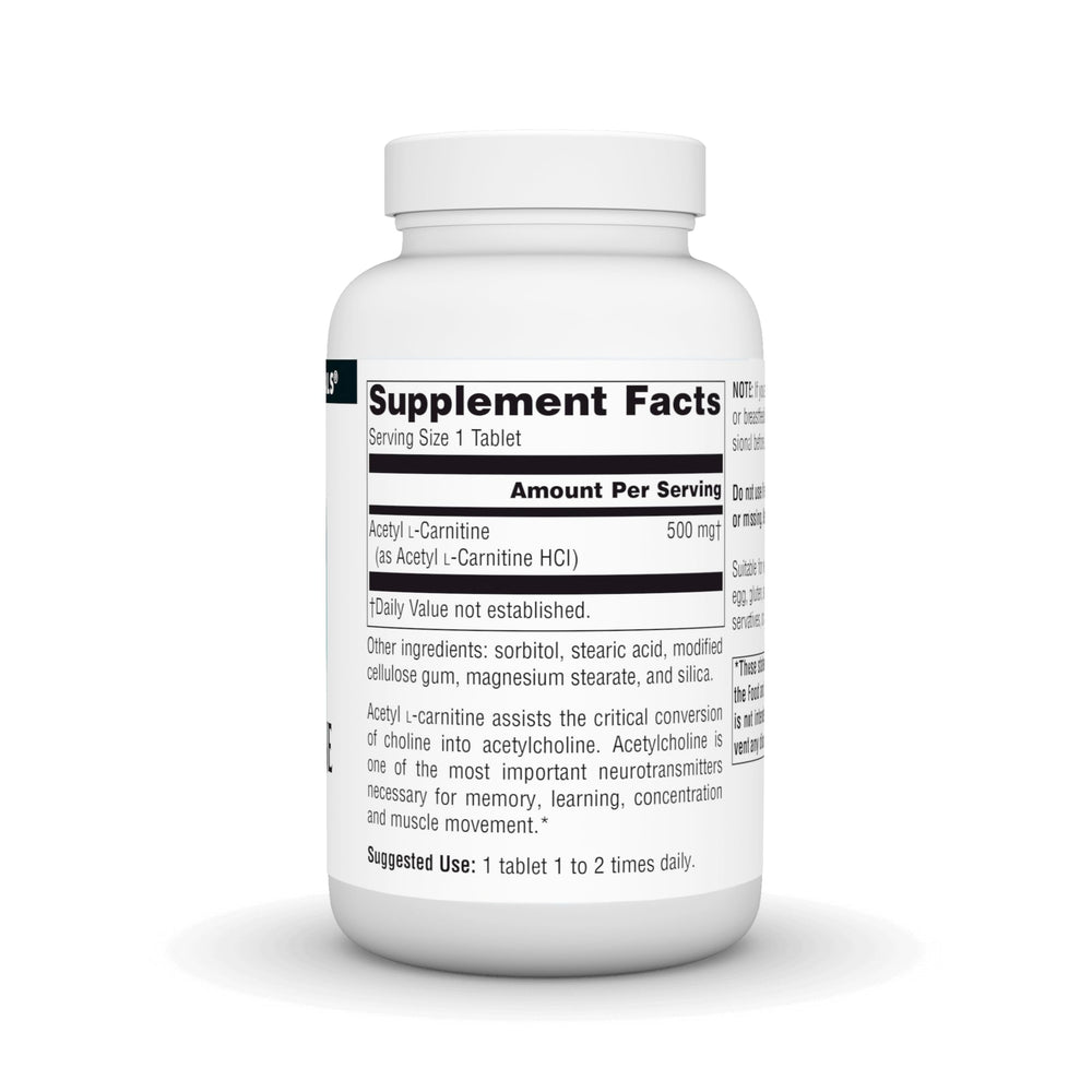 Close-up of Source Naturals Acetyl L-Carnitine label showing ingredients and potency