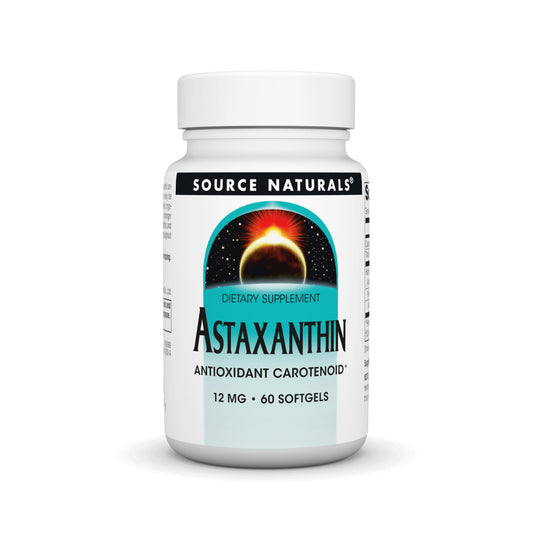 Source Naturals Astaxanthin bottle front showing 60 capsules for daily antioxidant support.