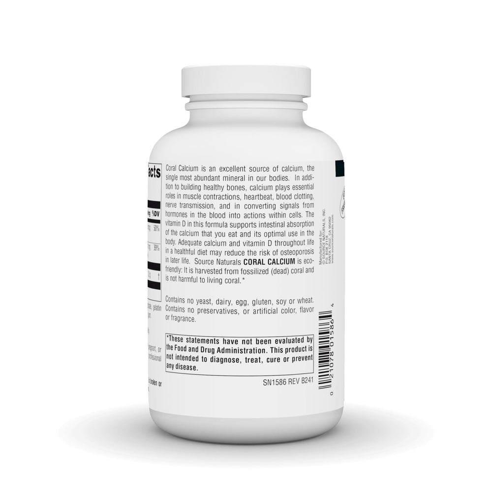 Closeup of Source Naturals Coral Calcium capsules emphasizing calcium and minerals