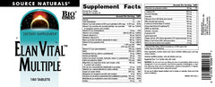 Source Naturals Elan Vital Multi bottle with dosage guidance emphasizing 3-5 tablets daily.