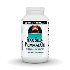 Source Naturals flax seed-primrose oil bottle supports daily omega balance.