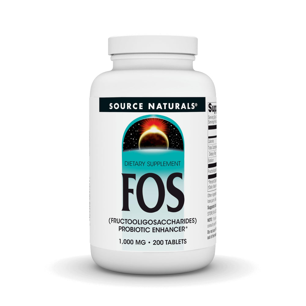 Source Naturals FOS 1000 mg bottle front label signals gut-supporting benefits.