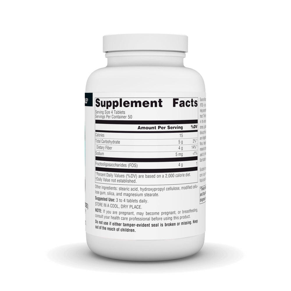 Source Naturals FOS 1000 mg tablets closeup highlights convenient daily use.