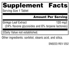 Source Naturals Ginkgo-24 tablets closeup shows 120 mg tablet for daily use.