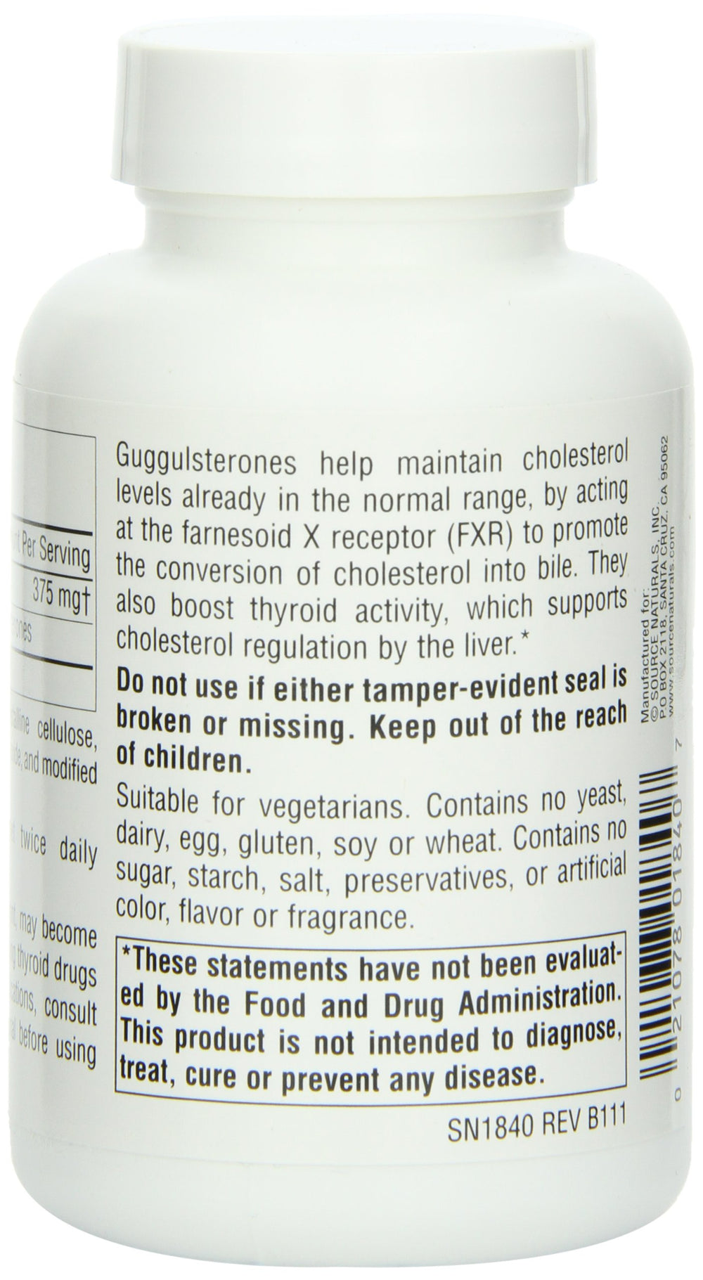 Source Naturals Guggulsterones facts panel notes 37.5 mg per tablet.