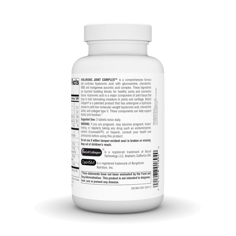 Source Naturals Hyaluronic Joint Complex label with glucosamine, chondroitin, and MSM