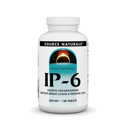 Source Naturals IP-6 tablet bottle with 180-count, highlighting potential cellular health support.