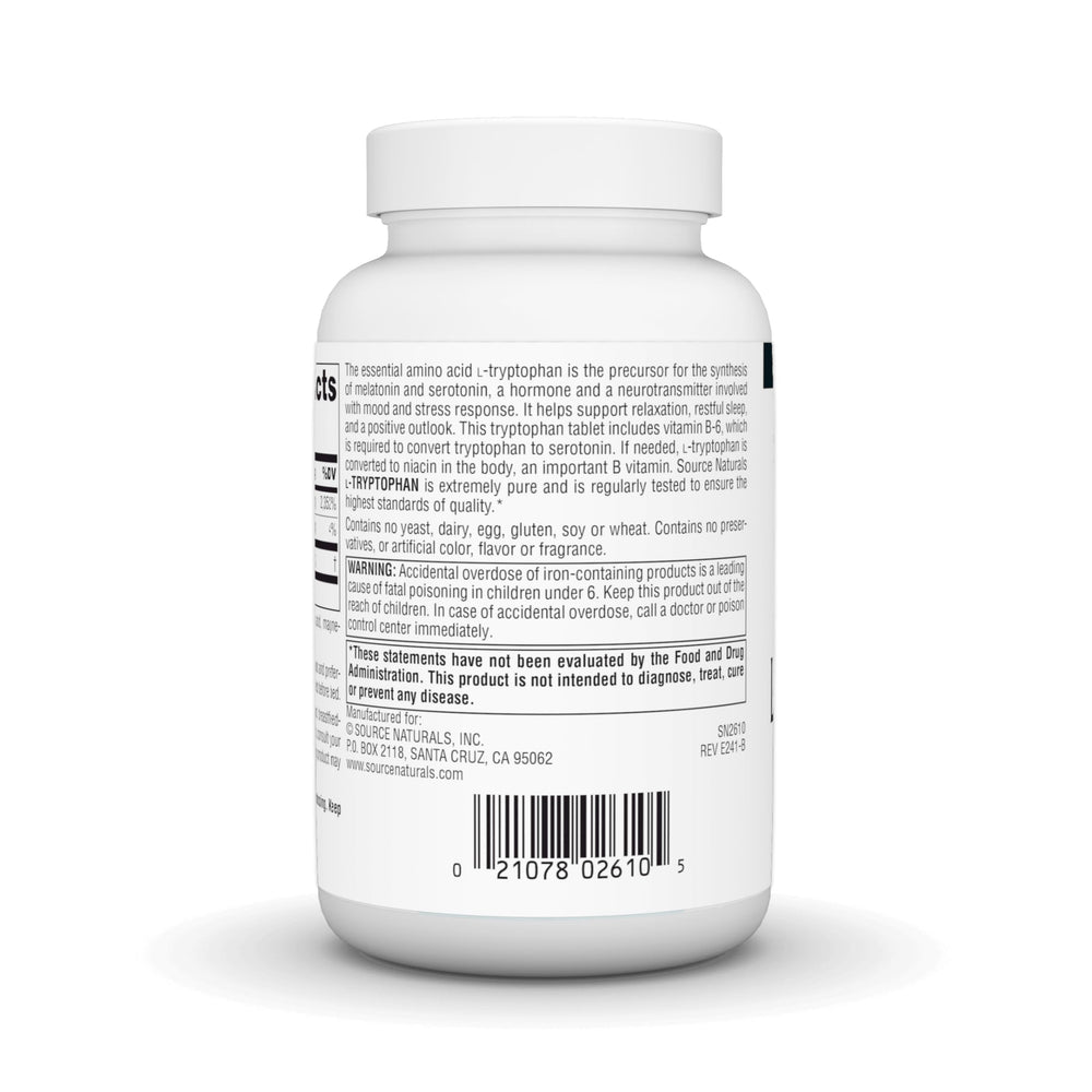 Source Naturals L-Tryptophan bottle front view with product details.