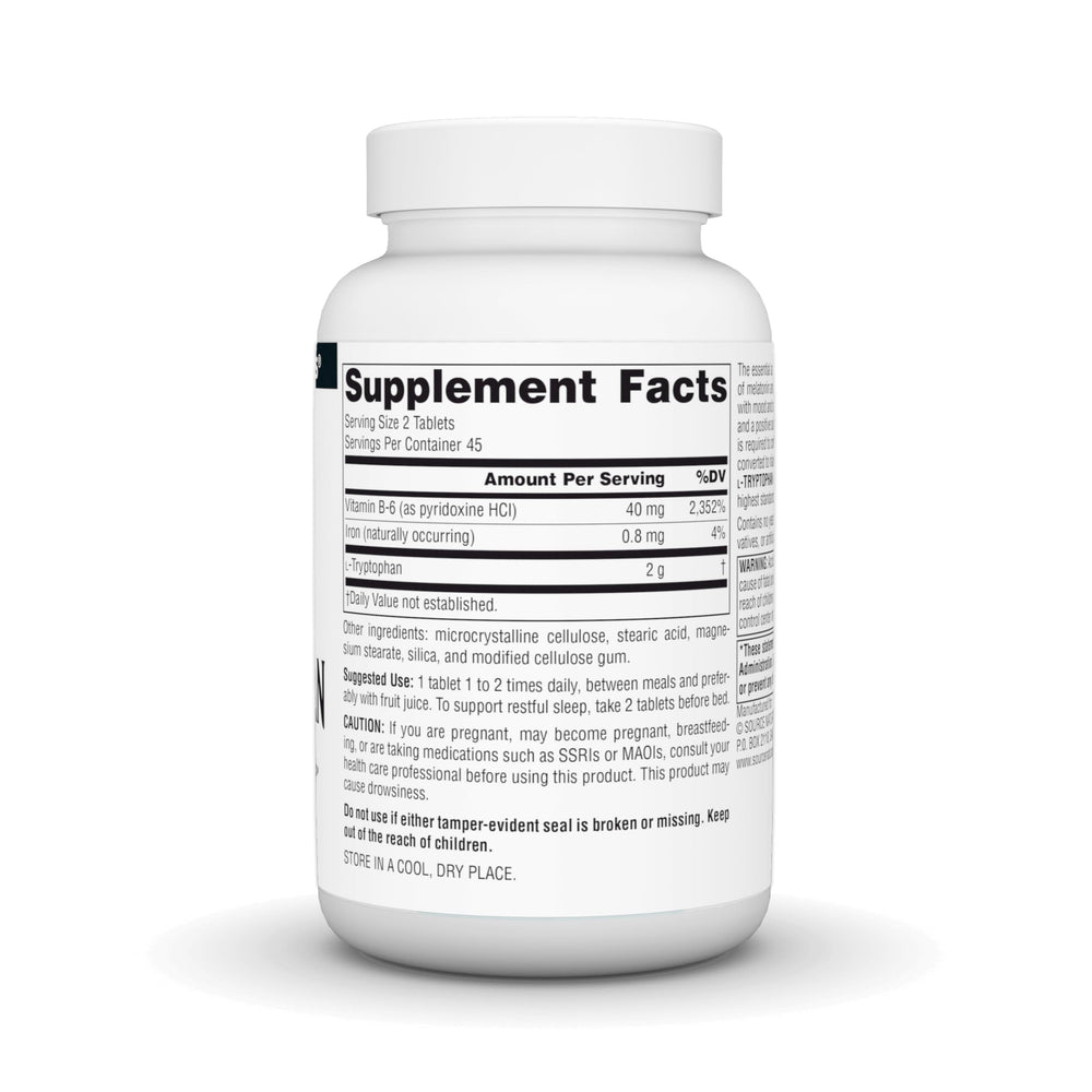 Source Naturals L-Tryptophan tablets closeup supporting daily calm.