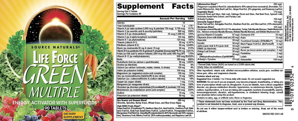 Source Naturals Life Force Green Multi daily-dose setup ready with meals.