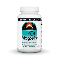 Source Naturals Magtein bottle being poured, suggesting focus support.