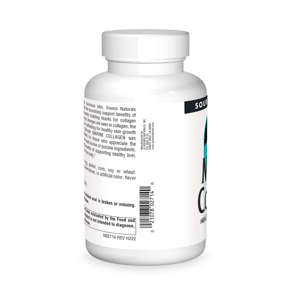 Source Naturals Marine Collagen bottle with ingredients list and tilapia-derived collagen.
