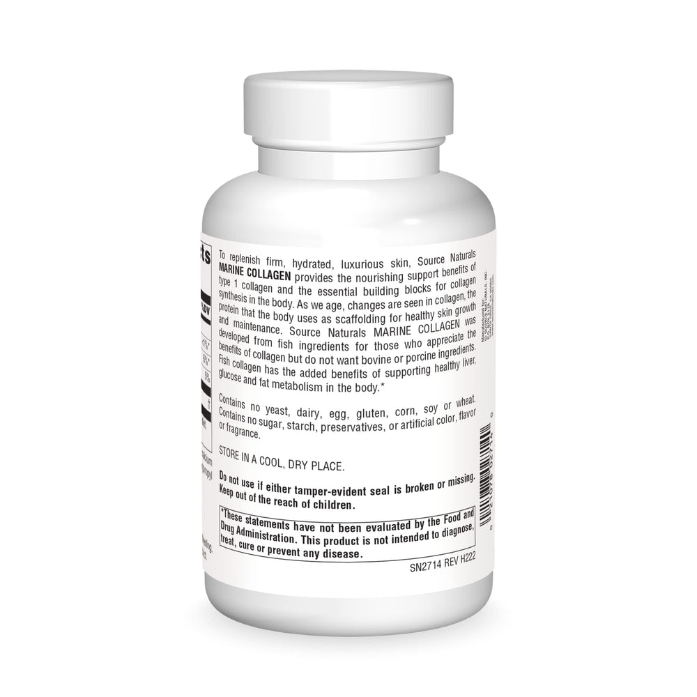 Source Naturals Marine Collagen label detail highlighting fish-derived collagen.