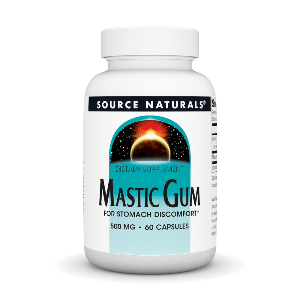 Source Naturals Mastic Gum bottle front highlighting stomach comfort support.