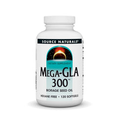 Source Naturals Mega-GLA 300 softgels in hexane-free bottle support daily essential fatty acids.