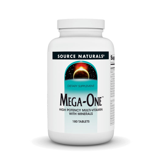 Source Naturals Mega-One bottle front, a complete daily multivitamin for overall wellness.