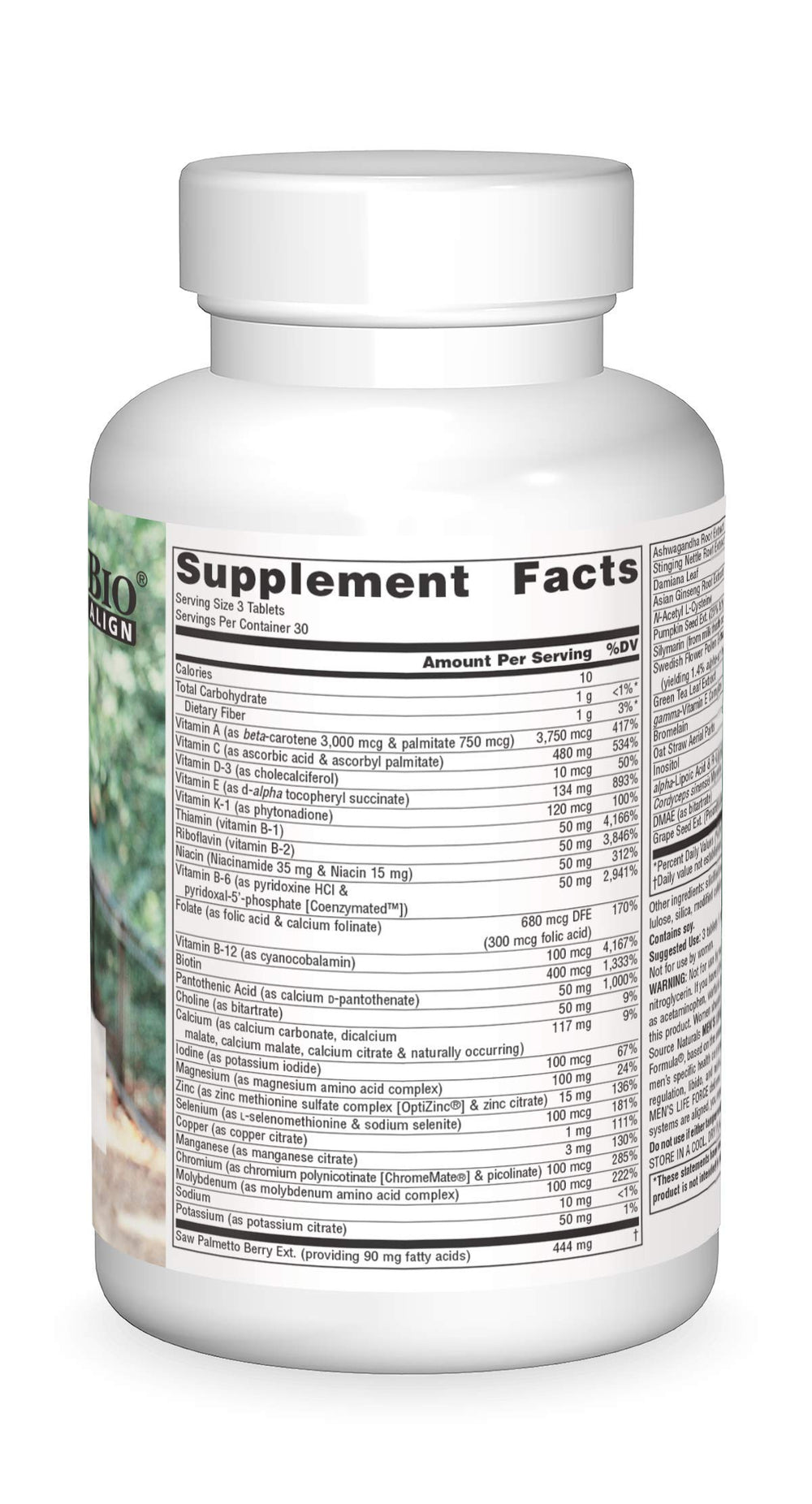 Source Naturals Men's Life Force tablets close-up shows easy daily dosing with meals.