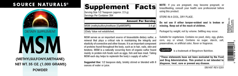 Source Naturals MSM powder label closeup highlighting quality standards