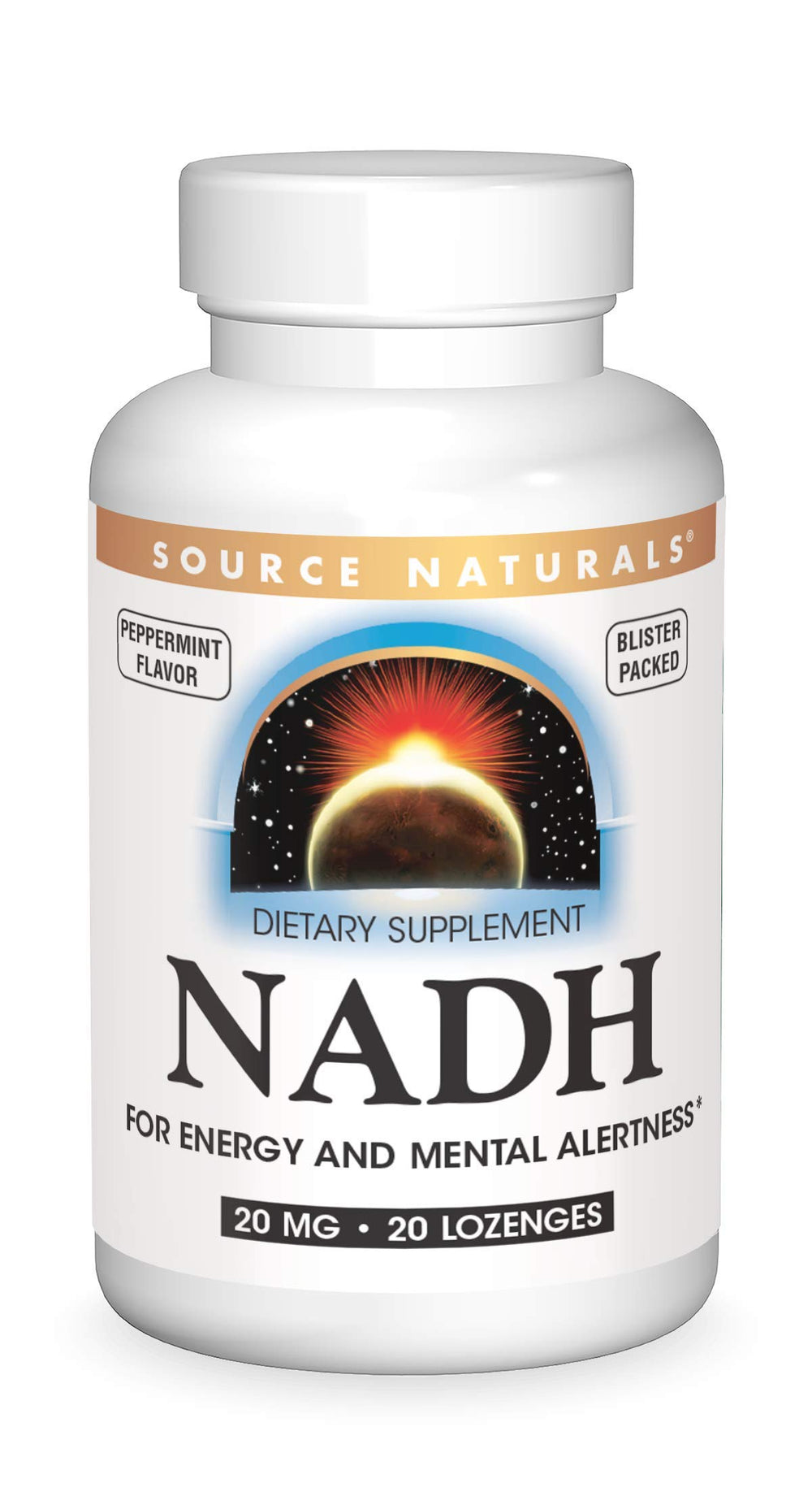 Source Naturals NADH 20mg lozenges bottle on shelf, supporting daily energy and focus.