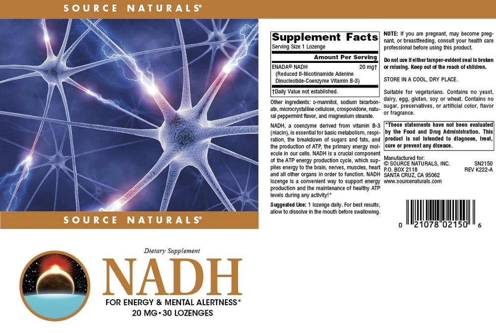 Source Naturals NADH 20mg US manufacturing label highlights cGMP compliance.