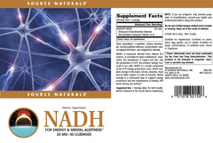 Source Naturals NADH 20mg US manufacturing label highlights cGMP compliance.