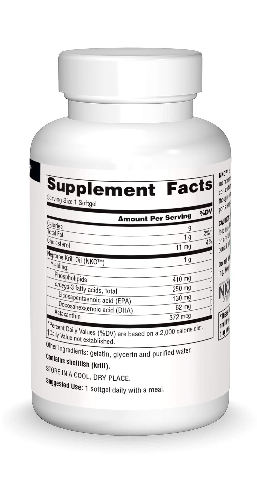 Source Naturals NKO Neptune ingredients label highlighting 100% pure NKO