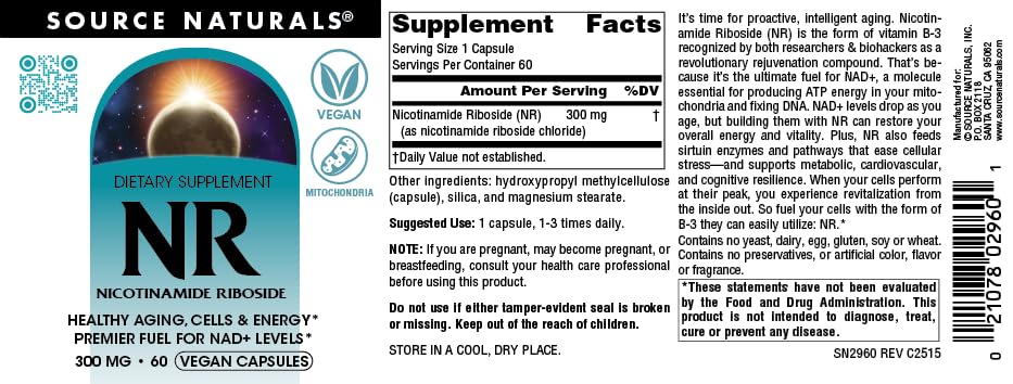 Source Naturals NR ingredients panel showing nicotinamide riboside.