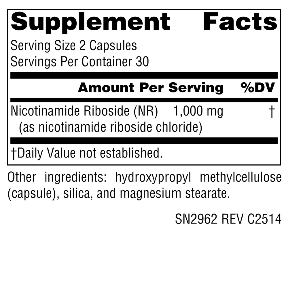 Source Naturals NR capsules with label highlighting 1,000 mg per serving for energy support