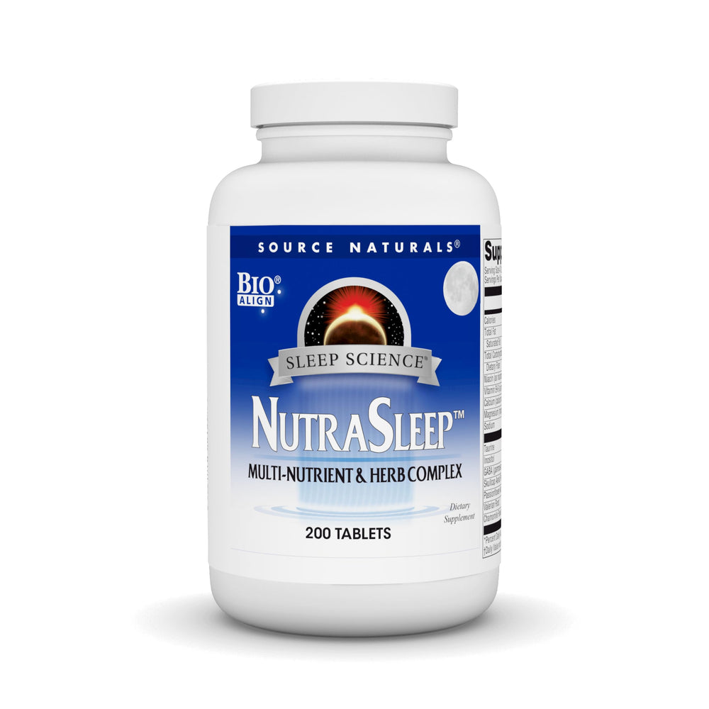 Source Naturals NutraSleep bottle with label highlighting melatonin-free relaxation support