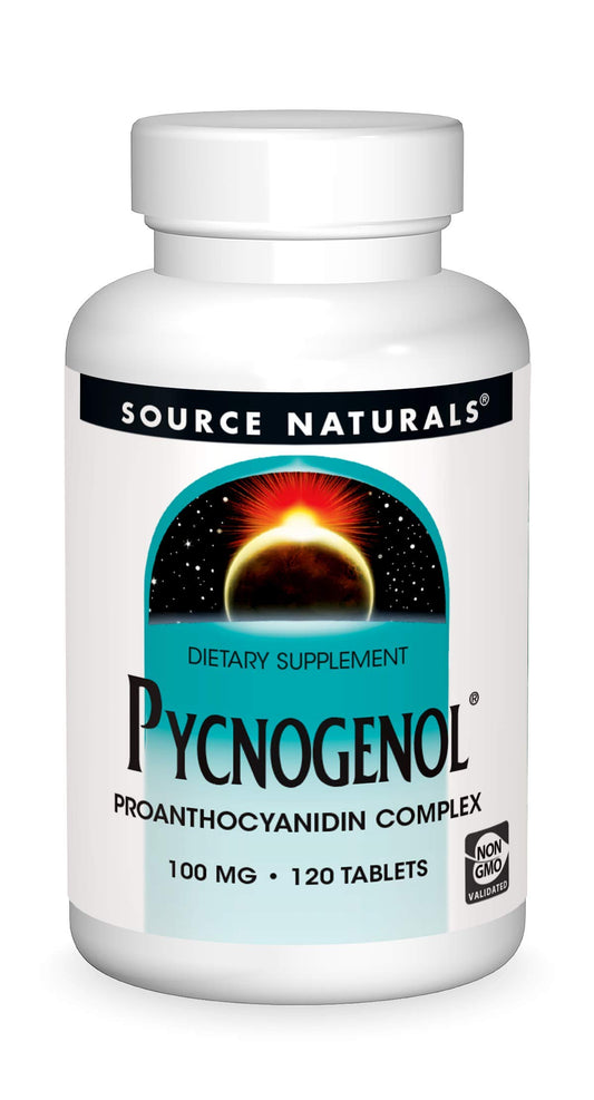 Source Naturals Pycnogenol bottle front highlighting antioxidant-rich formula for daily wellness.
