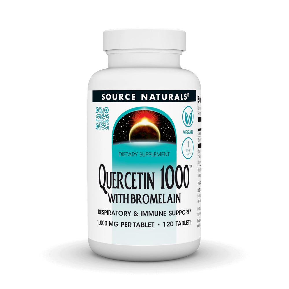Source Naturals Quercetin 1000 with Bromelain bottle for easy daily supplementation.