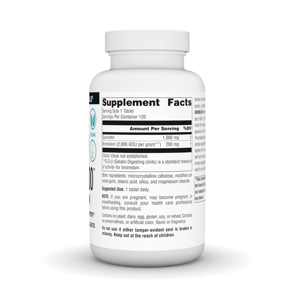Label of Source Naturals Quercetin 1000 with Bromelain highlighting vegan-friendly tablets.