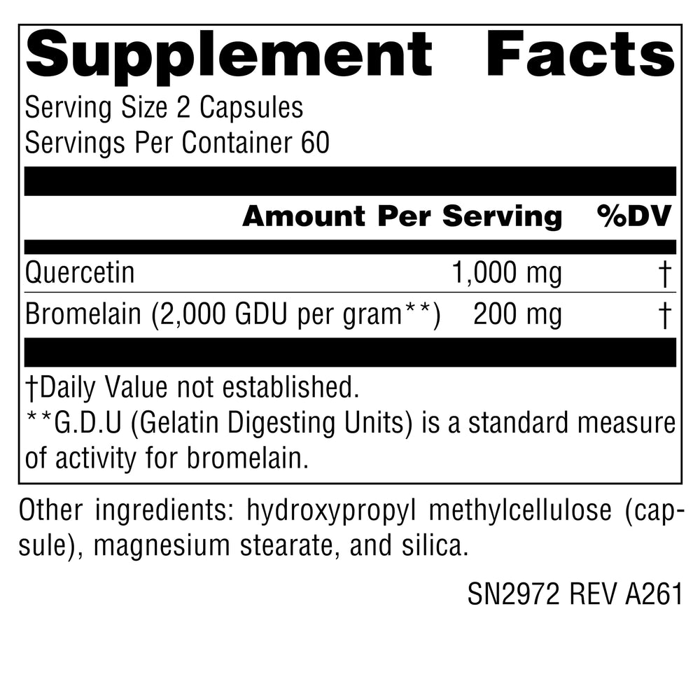 Source Naturals Quercetin with Bromelain capsules close-up suggest potency and capsule formulation.
