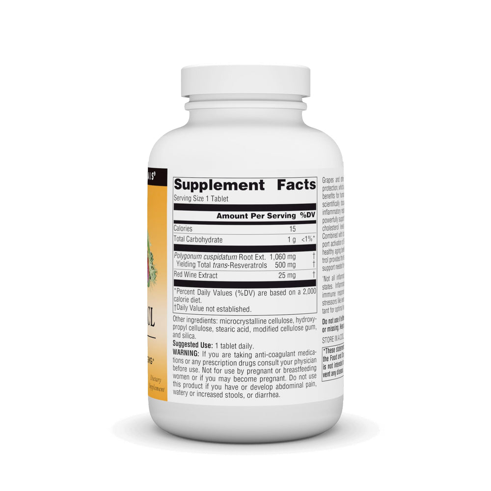 Source Naturals Resveratrol 500 label close-up with dosage information and branding.