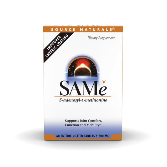 Source Naturals SAMe enteric-coated tablets in blister pack for reliable delivery.