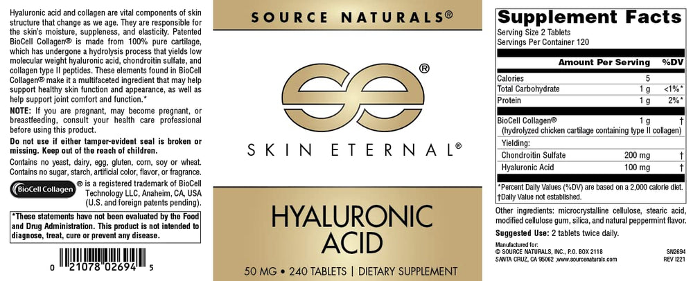 Source Naturals Skin Eternal Hyaluronic Acid label highlights allergen-free formula.